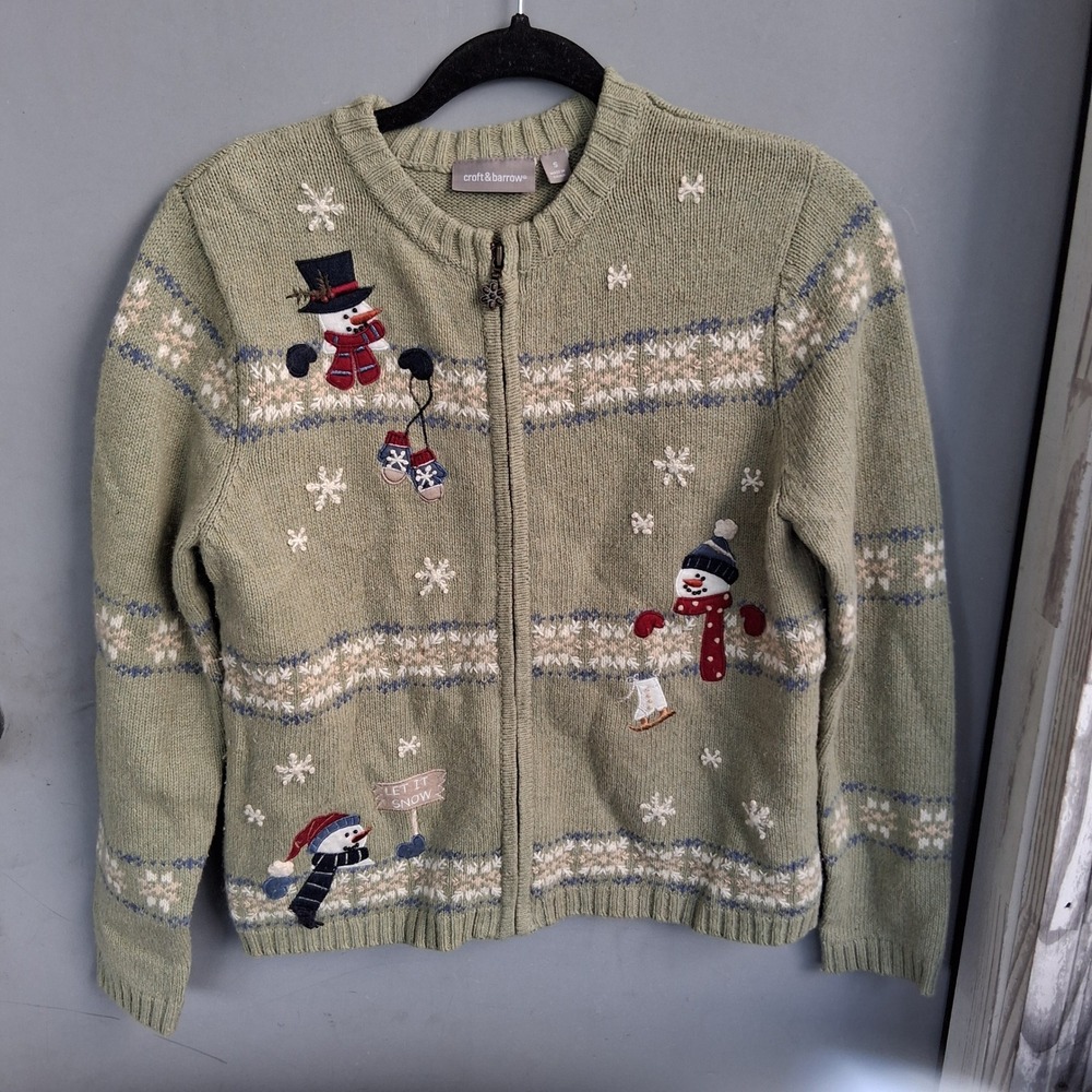 Vtg Embroidered Snowman Christmas Sweater Cozy Grandma Grannycore EUC S